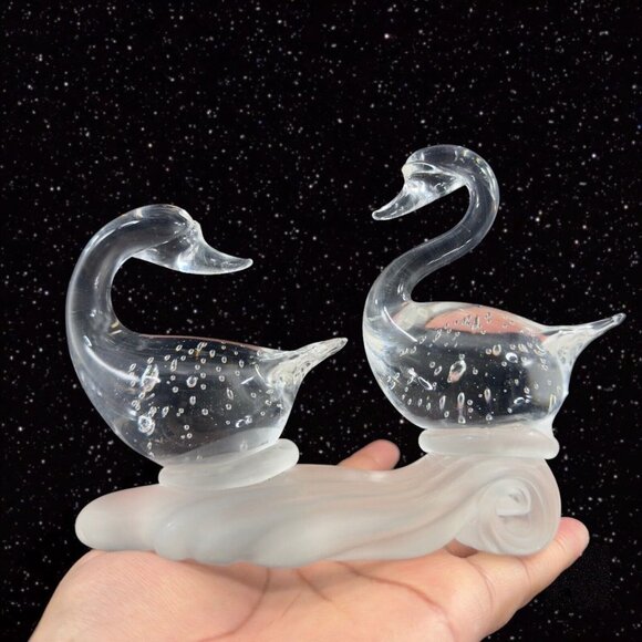 1980s Clear Art Glass Bird Duck Sculpture Figure On Frosted Bottom W Bubbles - Picture 7 of 10